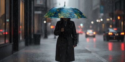 Paraguas bajo lluvia intensa urbana