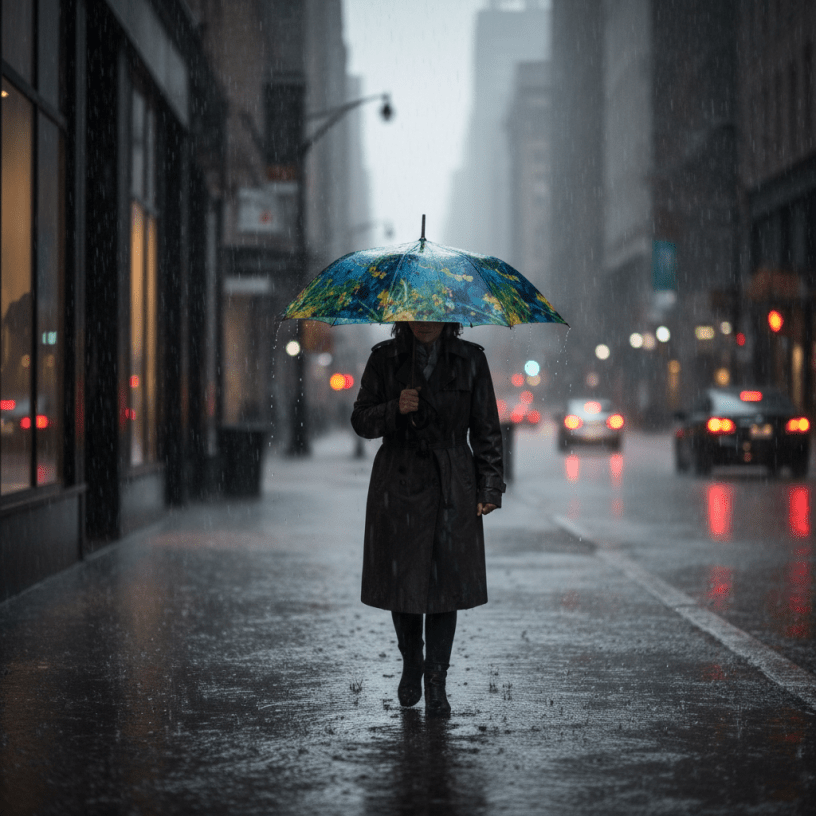 Paraguas bajo lluvia intensa urbana